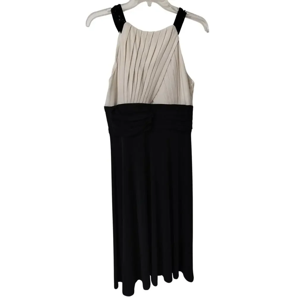 3592)Jessica Howard Sleeveless Ivory Black Empire Waist Jewelled Pleated Dress 6